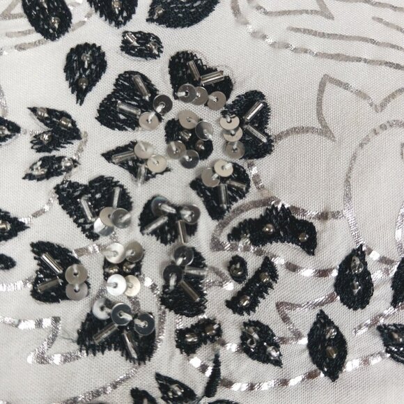 Usindo Womens Sequin Beaded Floral Tunic Shirt Small Black White Colorblock Asym - Picture 2 of 12